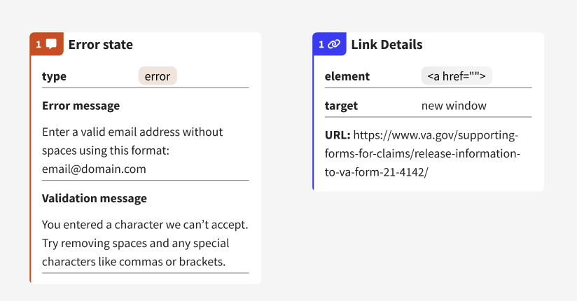 Examples of an error and link detail card.