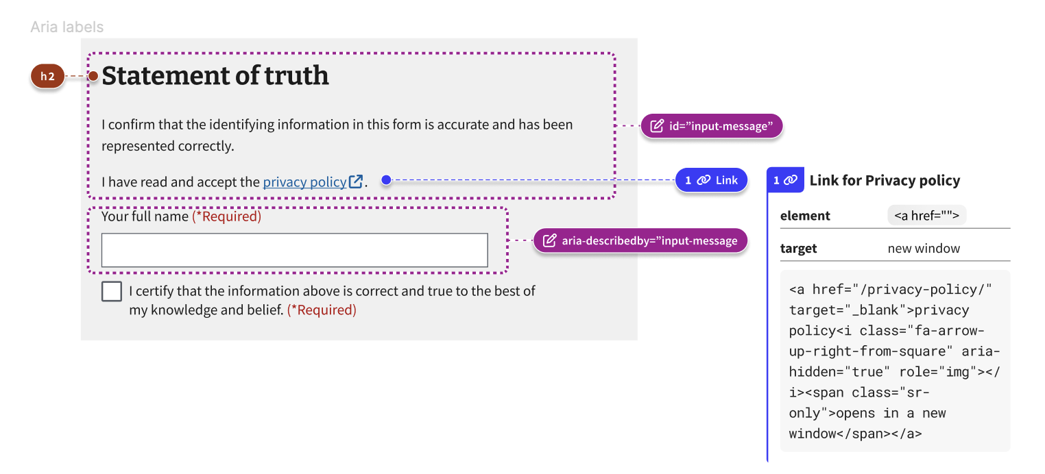 An example of accessible name annotations in the statement of truth component.