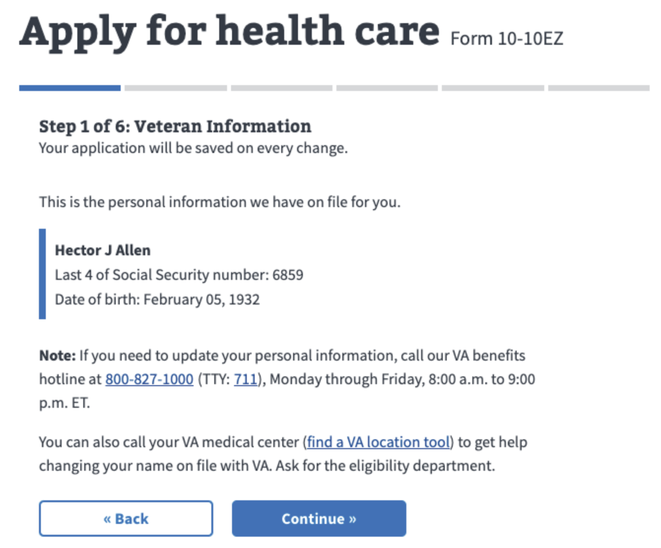 Example of this component to show Veteran personal information.