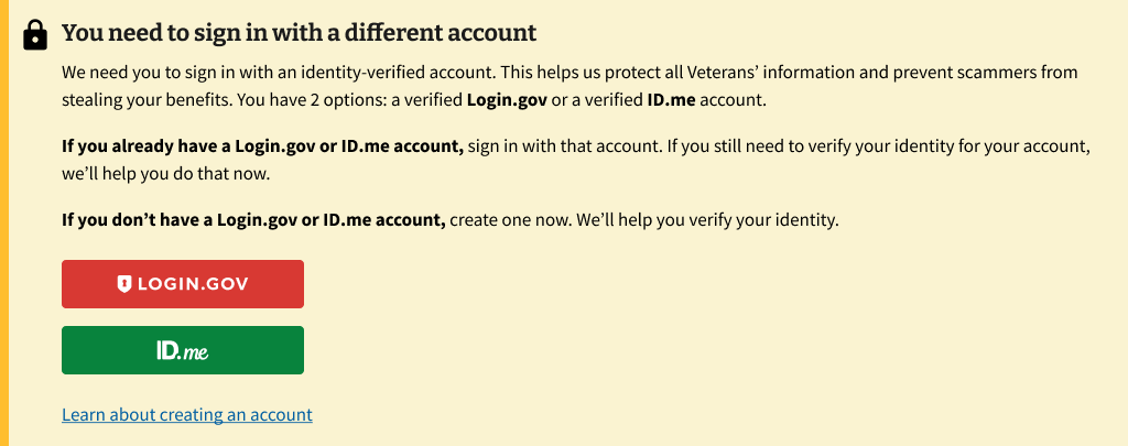 An example of a sign-in alert for unverified My HealtheVet accounts.