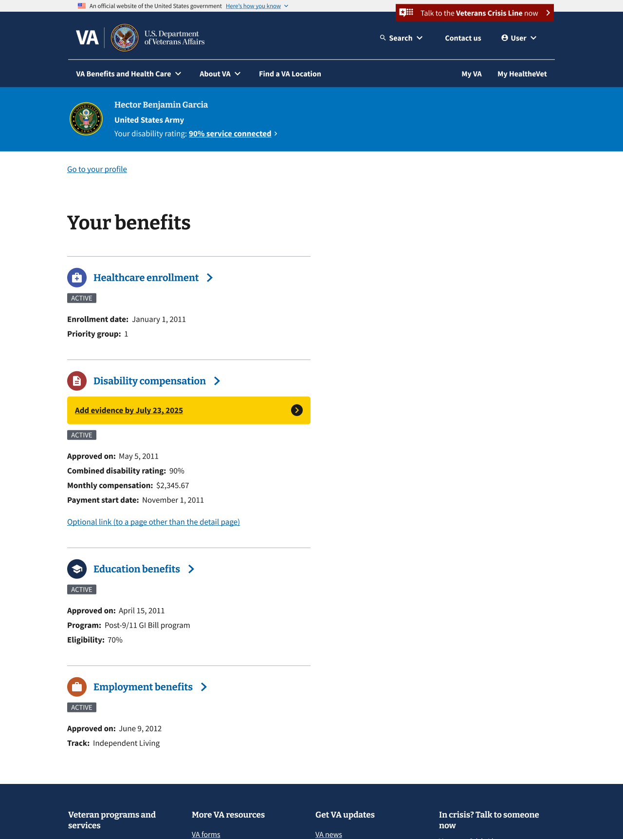A list of benefits a Veteran is enrolled in. Several of the benefits in the list have Critical Action components, which highlight an action the user needs to take.