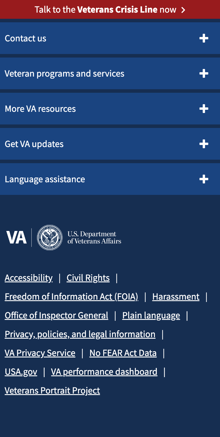The VA.gov header at mobile viewport width.