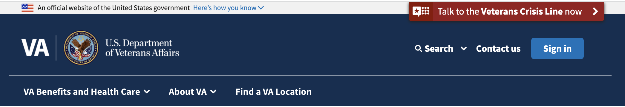 The VA.gov header at desktop viewport width.