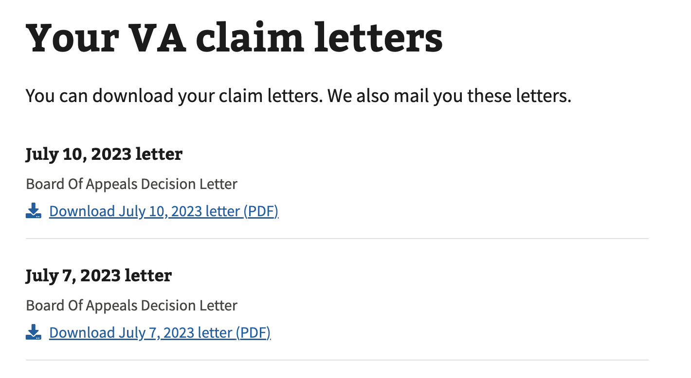 List of claim letters in VA.gov.