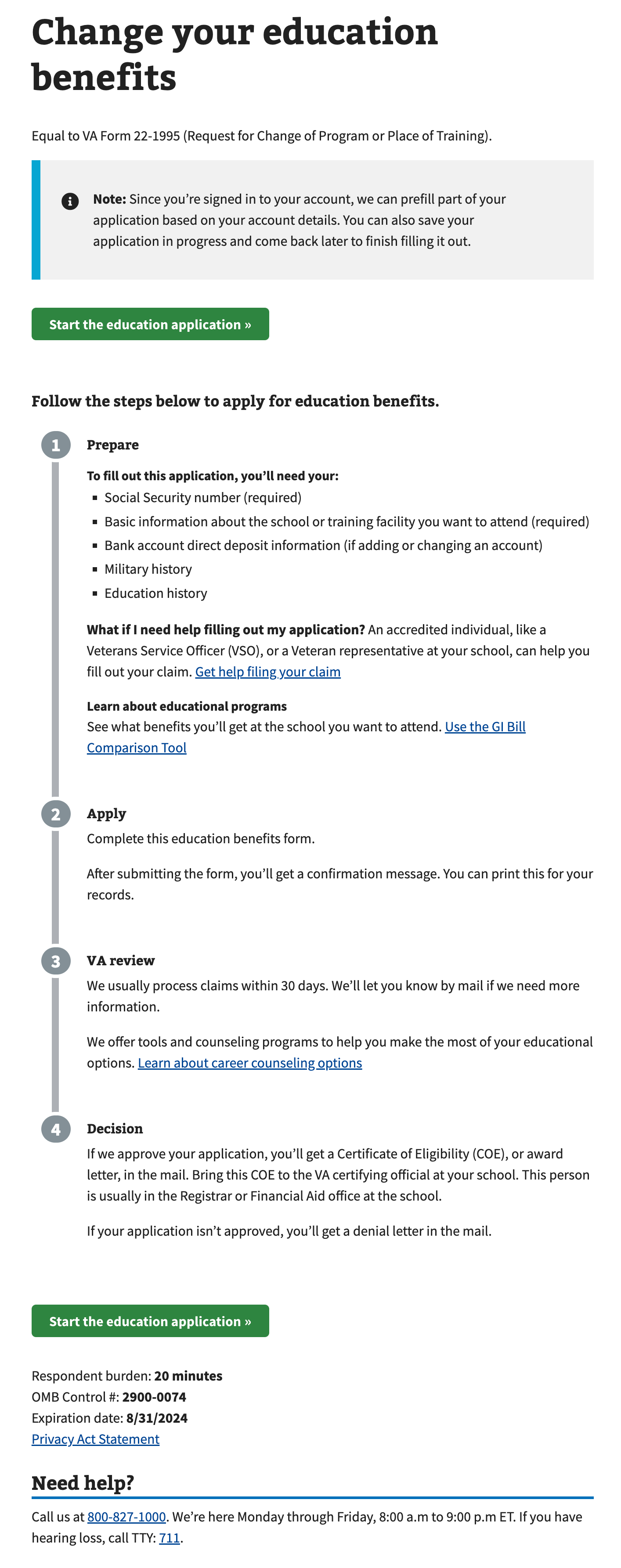 An example of the process list component on an Education benefits application.