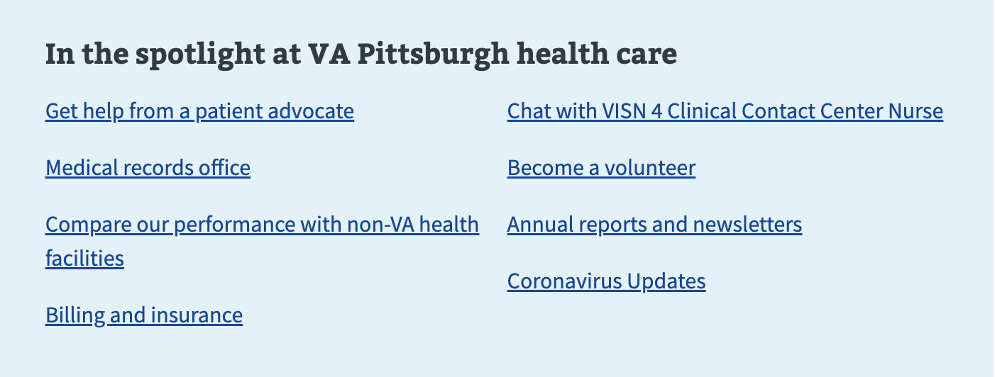 An example of a spotlight content block in the VA Pittsburgh health care page.