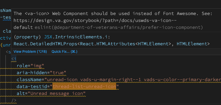 An ESLint pop-up for the rule to prefer icon component in VS Code. It says the va-icon web component should be used instead of Font Awesome