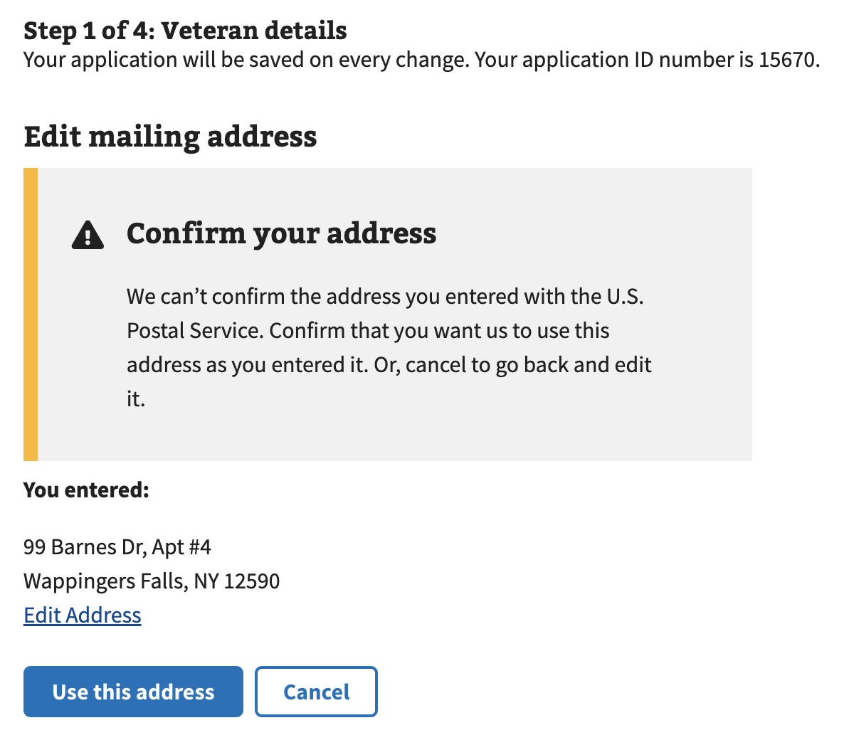 An Alert in a form flow that warns the user that the address they entered could not be found in U.S. Postal Service data.