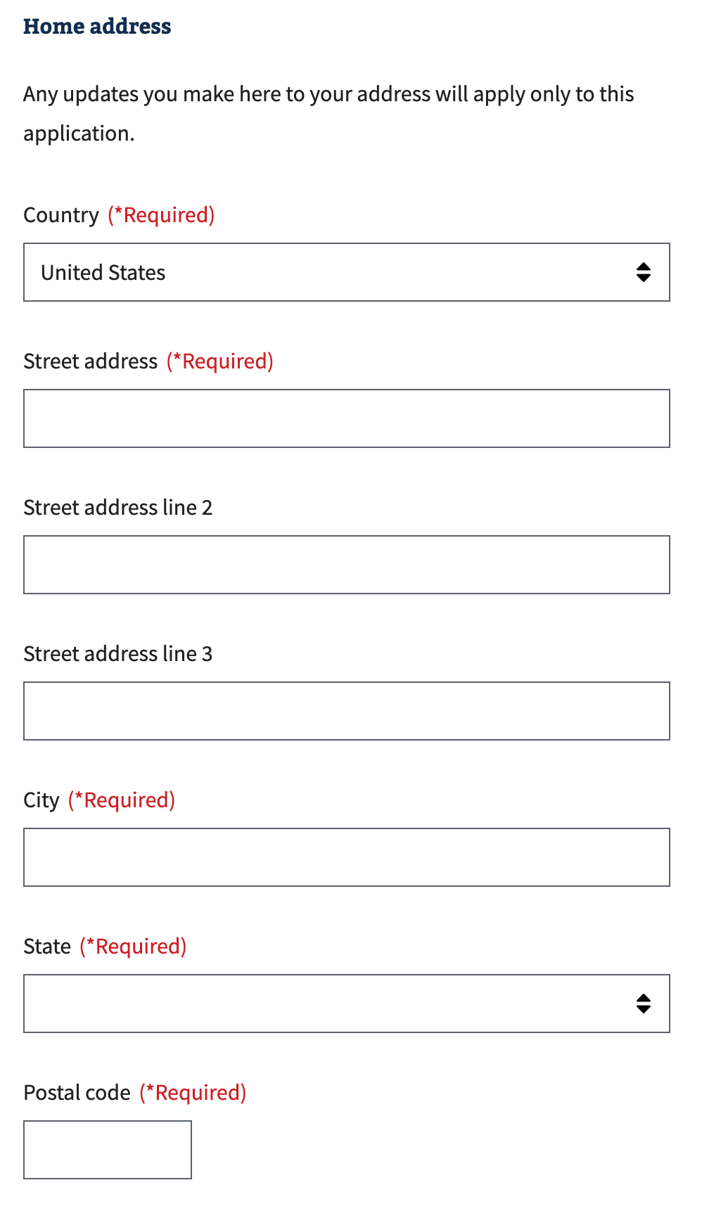 An example of a home address form.