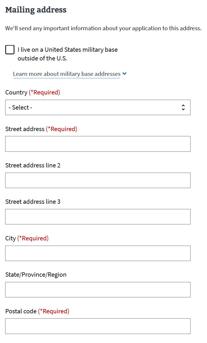 An example of a mailing address form.
