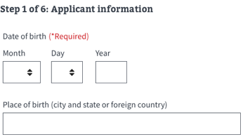 Shows the form fields used to obtain date and place of birth.