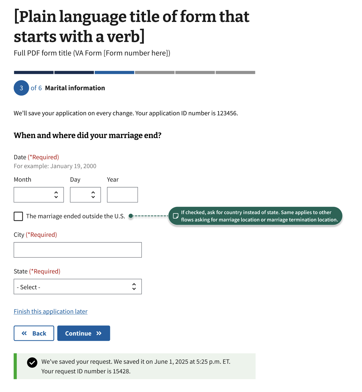 A display of the page asking for the date and place of the marriage termination.