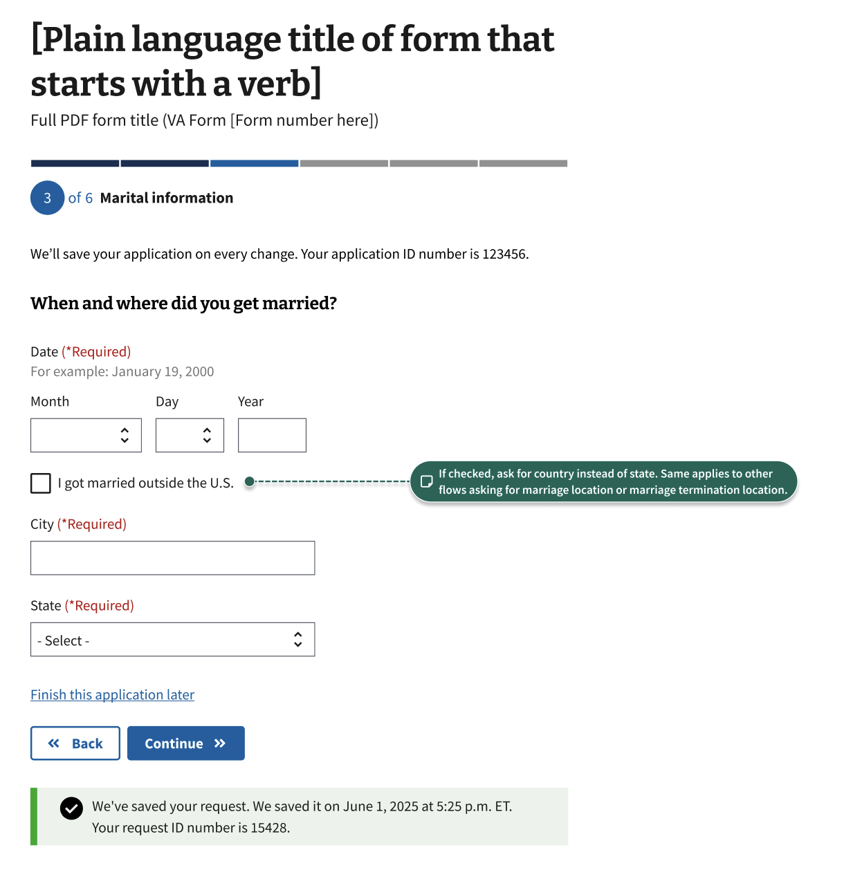 A display of the page asking for the place and date of the marriage.