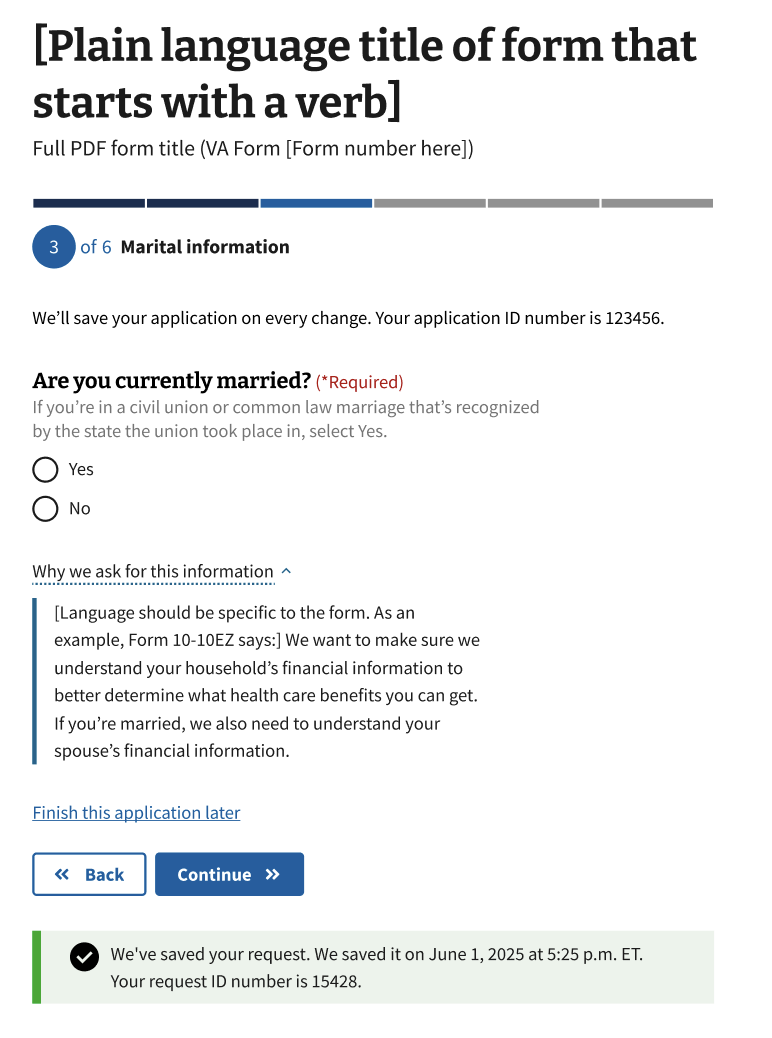 An annotated display of the simplified version of the Marital Status question with reponses available with radio buttons and an Additional Info component that provides more information on why we ask this information.
