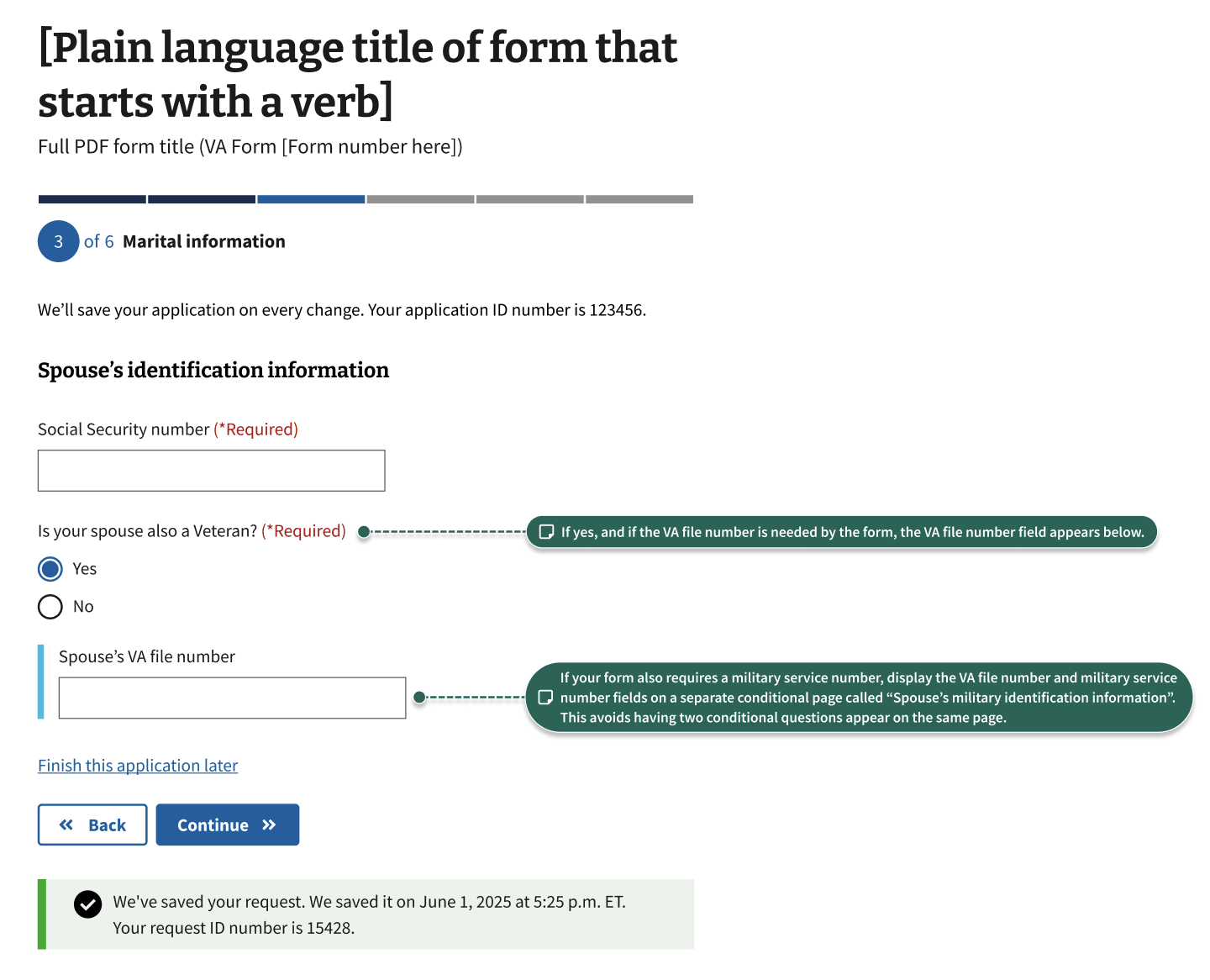An annotated display of the page asking for spouse social security number and Veteran status.