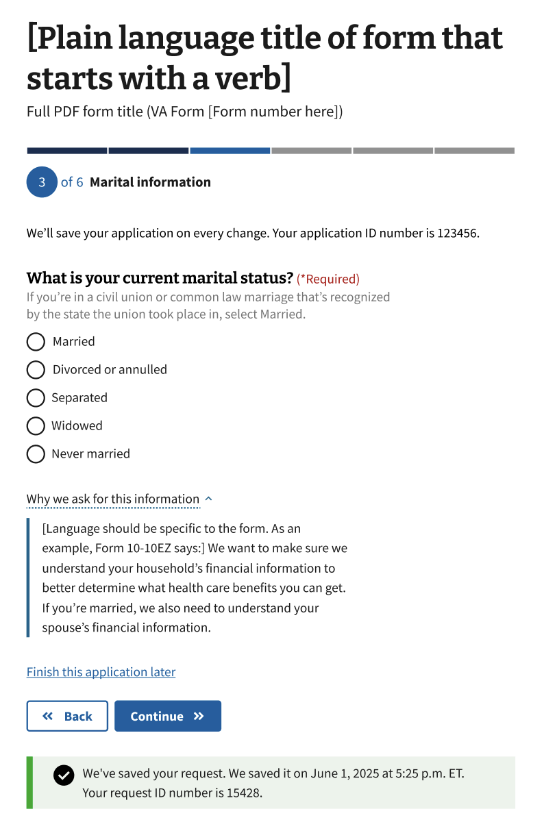 A display of the standard Marital Status question with reponses available with radio buttons and an Additional Info component that provides more information on why we ask this information.