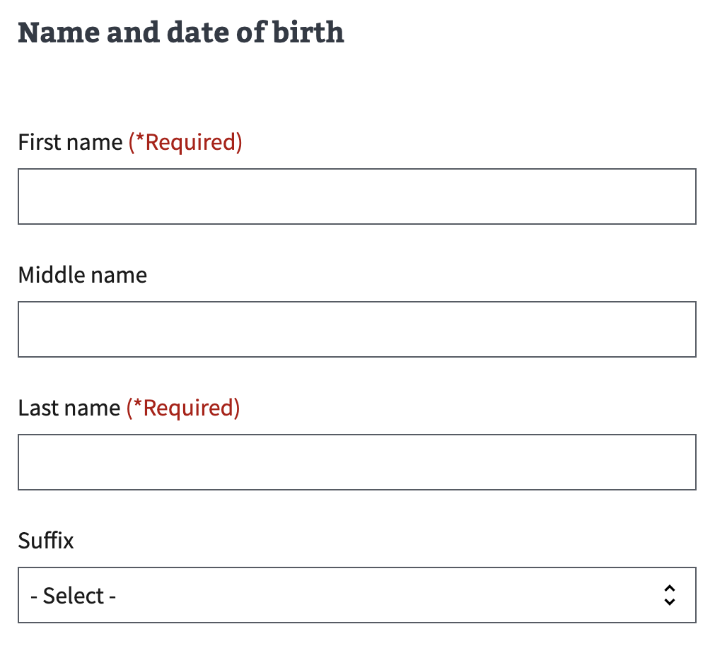 Shows the form fields used to obtain first, middle, and last name.