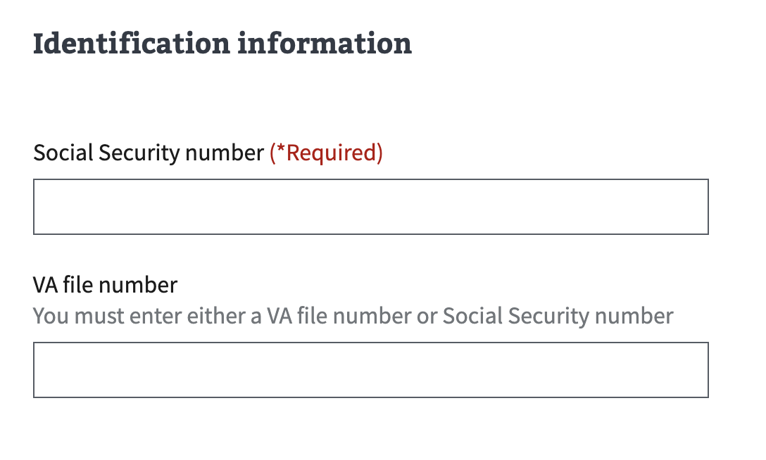Shows the form fields used to obtain Social Security number and VA file number.