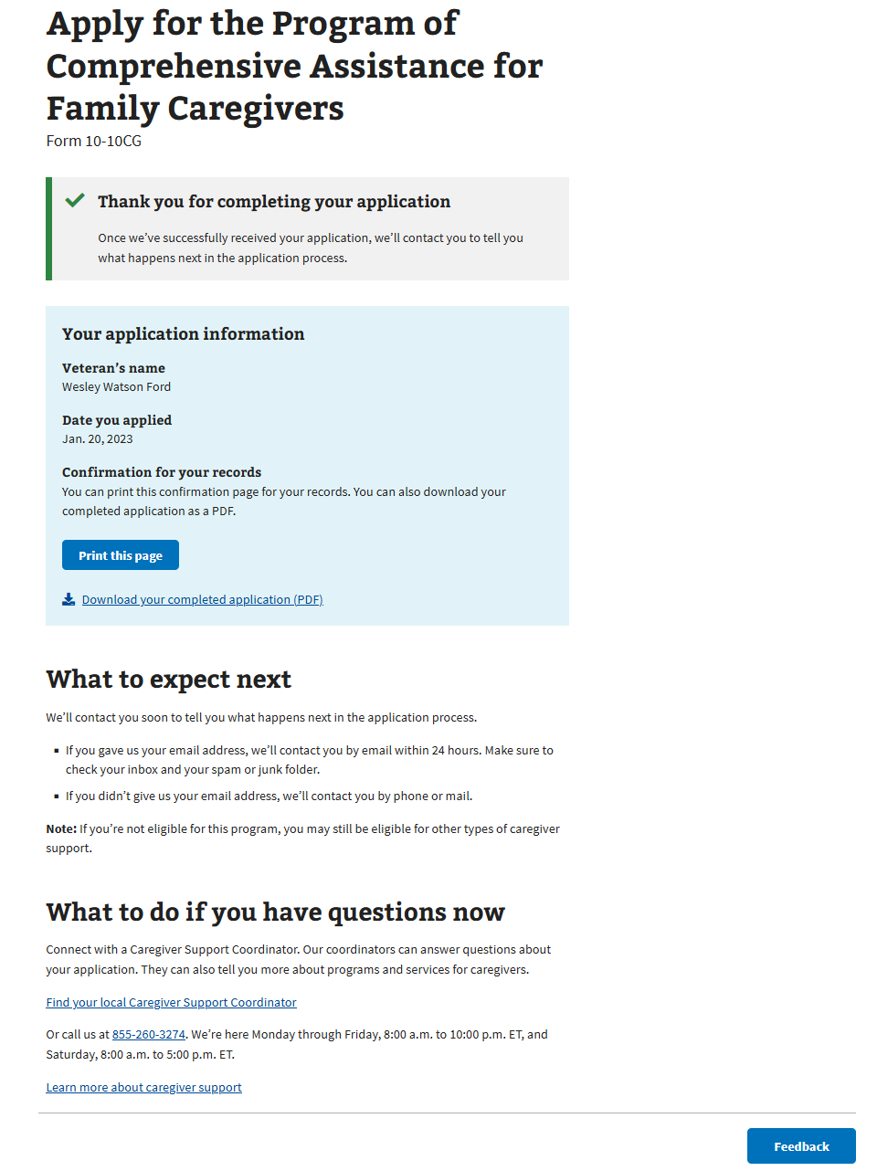 An example confirmation page containing a component that allows users to print the confirmation page.
