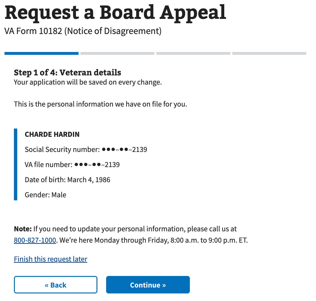 Veteran details from the Request a Board Appeal application.