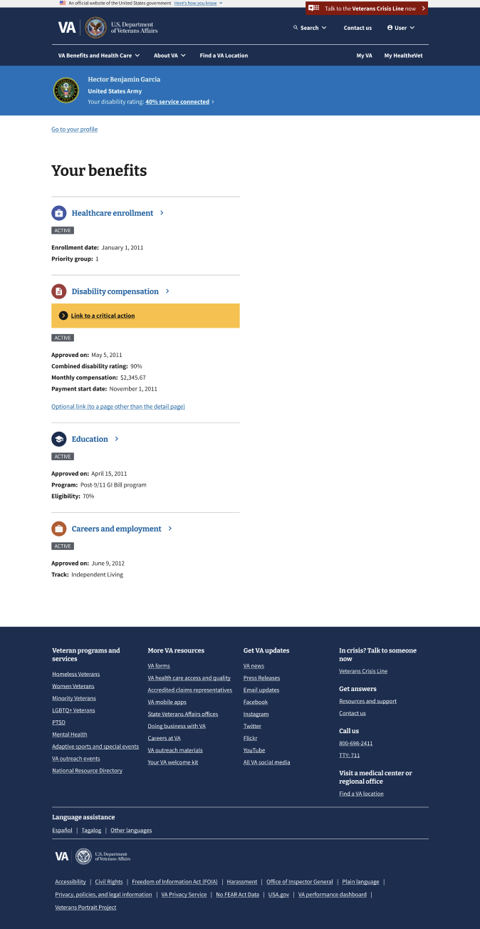 A list of benefits a Veteran is currently enrolled in. Two of the benefits have critical information components shown, linking the user to a page where they can take important actions.