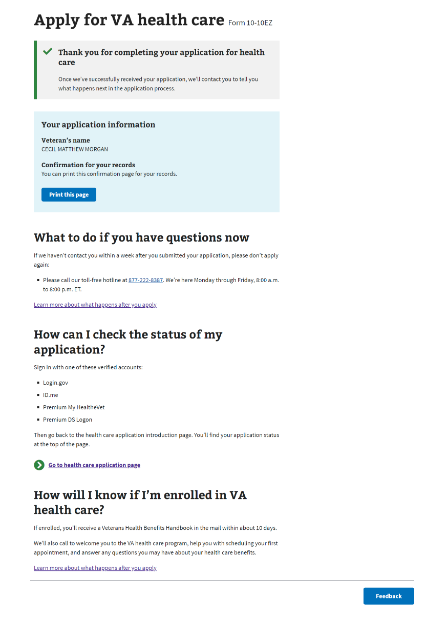 An example of the 10-10ez health care application status on intro page.