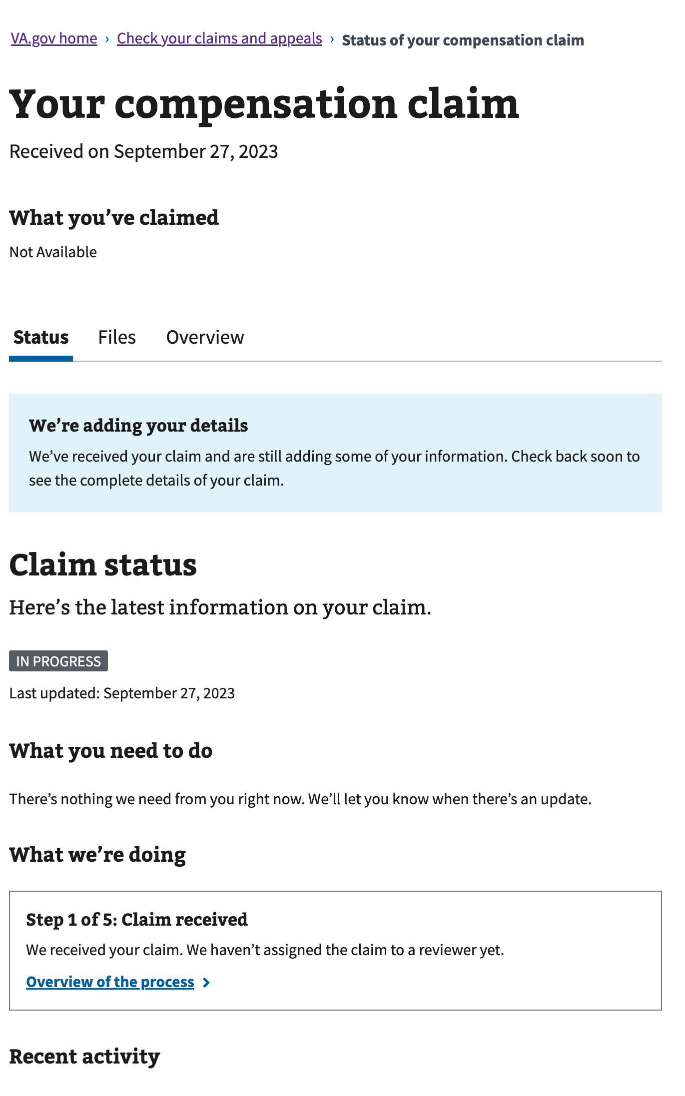 An example of the track your claims page.