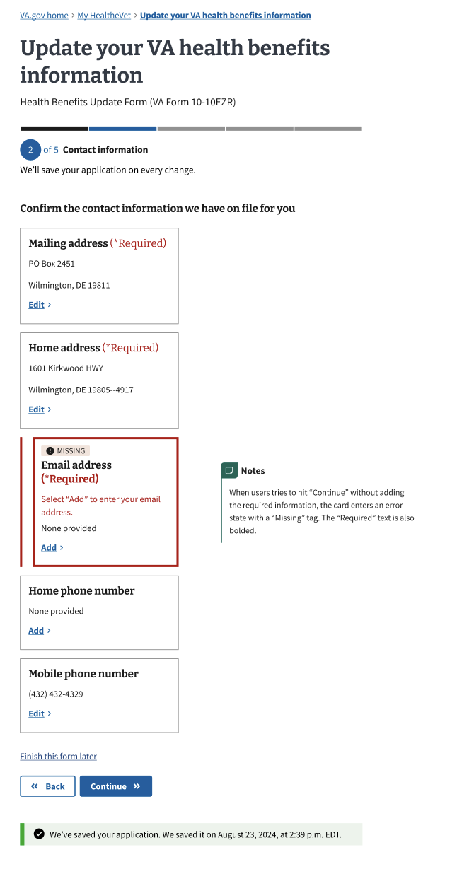 A page showing users an error state of the card with missing and required information they need to add.