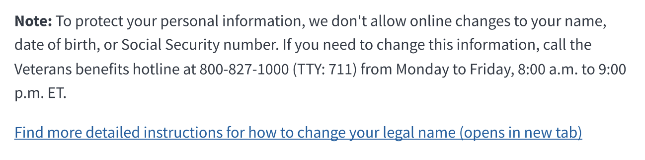 A note to the user explaining why they can't edit personal information online. It starts with the bolded word 'Note' and ends with a link to find more detailed instructions on how to change their legal name.