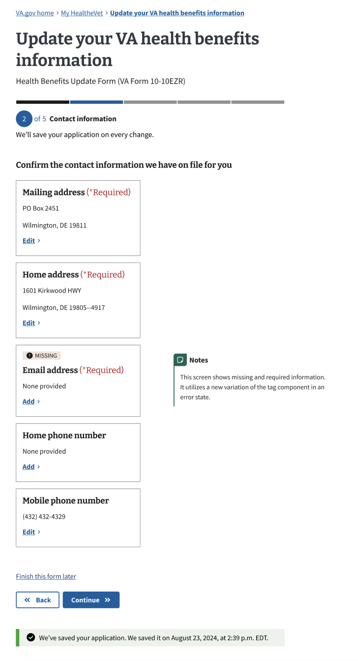 A page showing users they have missing and required information they will need to add.